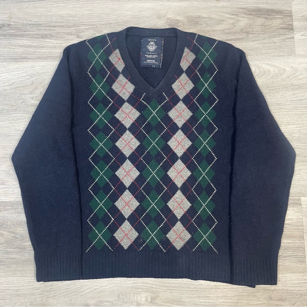 Gant Navy and Green Argyle V-Neck Sweater 100% lambs wool sz M